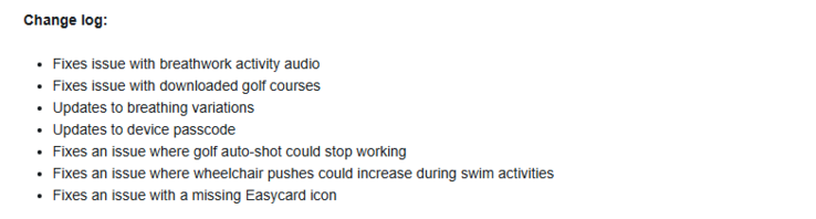 Le note di rilascio della versione beta 15.05 per gli smartwatch Venu 3 e vivoactive 5 di Garmin. (Fonte: Garmin)