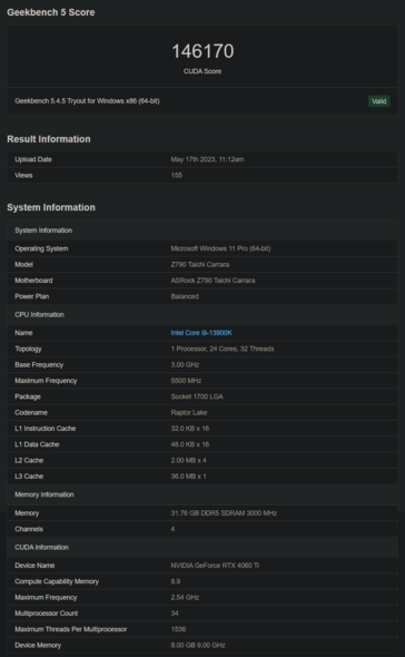 Nvidia GeForce RTX 4060 Ti Geekbench (immagine via Geekbench)