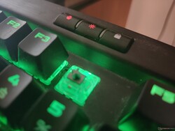 I tasti di controllo delle impostazioni della tastiera sono in alto a sinistra. L'interruttore Cherry MX Speed permette di far emettere molta luce RGB.