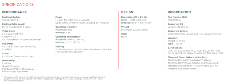 Specifiche Lenovo ThinkPad Thunderbolt 4 Workstation Dock (immagine via Lenovo)