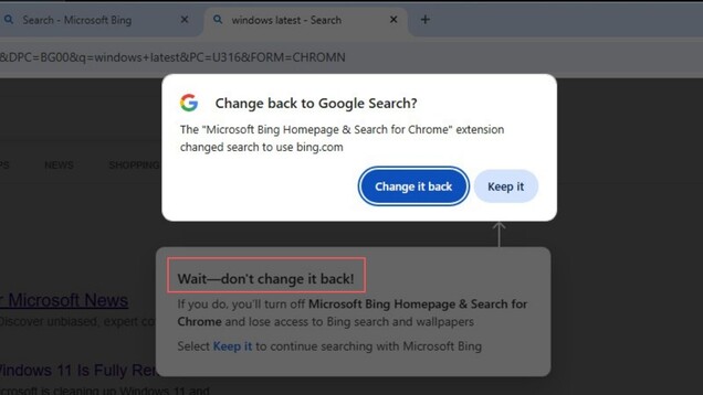 Chrome suggerisce di tornare alla Ricerca Google, mentre l’estensione di Microsoft esorta gli utenti a continuare a utilizzare Bing.