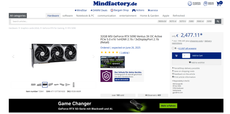 Il prezzo attuale di MSI RTX 5090 Ventus 3X OC (Fonte: Mindfactory)