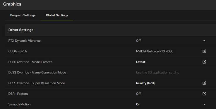 Possibile configurazione per le impostazioni globali DLSS e Smooth Motion (App Nvidia personale dell'editore)