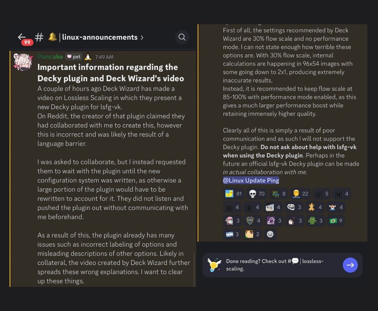Un annuncio su Discord di PancakeTAS che chiarisce di non essere stato coinvolto nella creazione del plugin Decky per LSFG-VK, critica le impostazioni predefinite utilizzate nel plugin e dichiara che non fornirà supporto per esso. (Fonte immagine: Discord/@PancakeTAS)