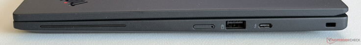 Lato destro: slot per scheda Nano-SIM, USB-A 3.2 Gen.2 (5 Gbps, con alimentazione), USB-C 4.0 con Thunderbolt 4 (40 Gbps, DisplayPort 2.1, Power Delivery), slot di sicurezza Kensington Nano