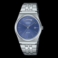 Orologio Casio MTP-B146D-2AV in acciaio inossidabile, caratterizzato da un quadrante azzurro con finitura sunburst, bracciale argentato, indicatore del giorno a ore 12 e finestrella della data a ore 3.