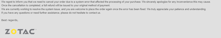 Email inviata ai clienti da ZOTAC. (Fonte immagine: Reddit)