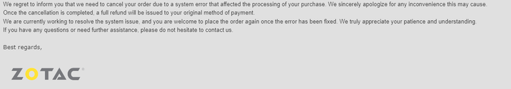 Email inviata ai clienti da ZOTAC. (Fonte immagine: Reddit) 