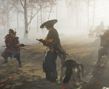 Atsu, la donna samurai, è pronta in una foresta nebbiosa con il suo compagno lupo, circondata da guerrieri nemici. (Fonte: Sucker Punch Productions)
