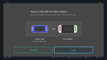 Fase 2 del collegamento delle console Nintendo Switch per la condivisione della scheda di gioco virtuale: Questa schermata, intitolata 'In procinto di collegarsi con l'altra console...', indica all'utente di avvicinare le console Nintendo Switch prima di premere il pulsante 'Collega'.