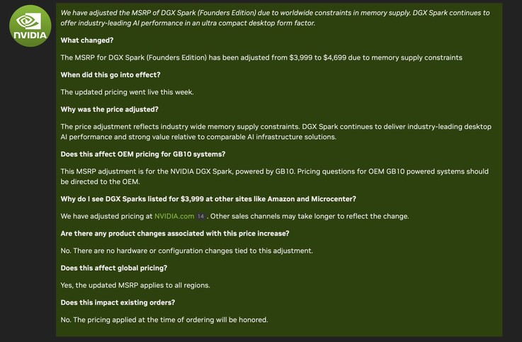 Nvidia aggiorna i prezzi del suo mini PC workstation DGX Spark.