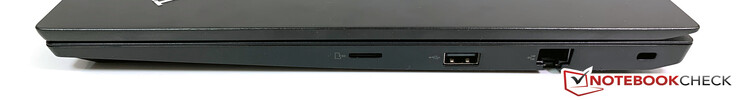 Lato destro: lettore microSD, USB 2.0, Gigabit Ethernet, predisposizione security lock