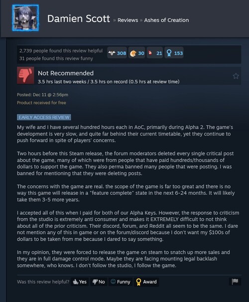 Recensione di Ashes of Creation su Steam con reclamo di censura (Fonte: screenshot, Steam)
