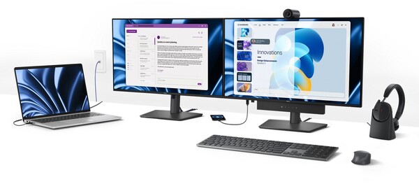 Due monitor Dell Pro P 27 USB-C Hub affiancati, uno dei quali ha una webcam e una soundbar collegate.
