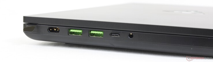 A sinistra: adattatore CA, 2x USB-A 3.2 Gen. 2, USB-C 3.2 Gen. 2 con DisplayPort + Power Delivery, auricolari da 3,5 mm
