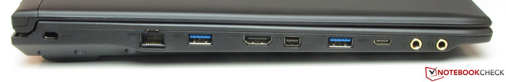 Left: Kensington lock slot, Gigabit-Ethernet, USB 3.0 (Type A), HDMI, mini-Displayport, USB 3.0 (Type A), USB 3.1 Gen1 (Type C), microphone-in, headphones-out
