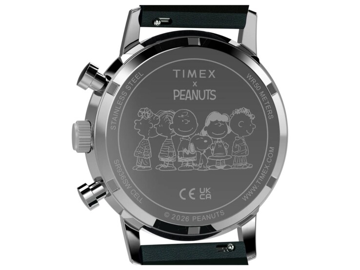 Vista posteriore del cronografo Timex Peanuts x Marlin che mostra il fondello inciso con il logo Peanuts