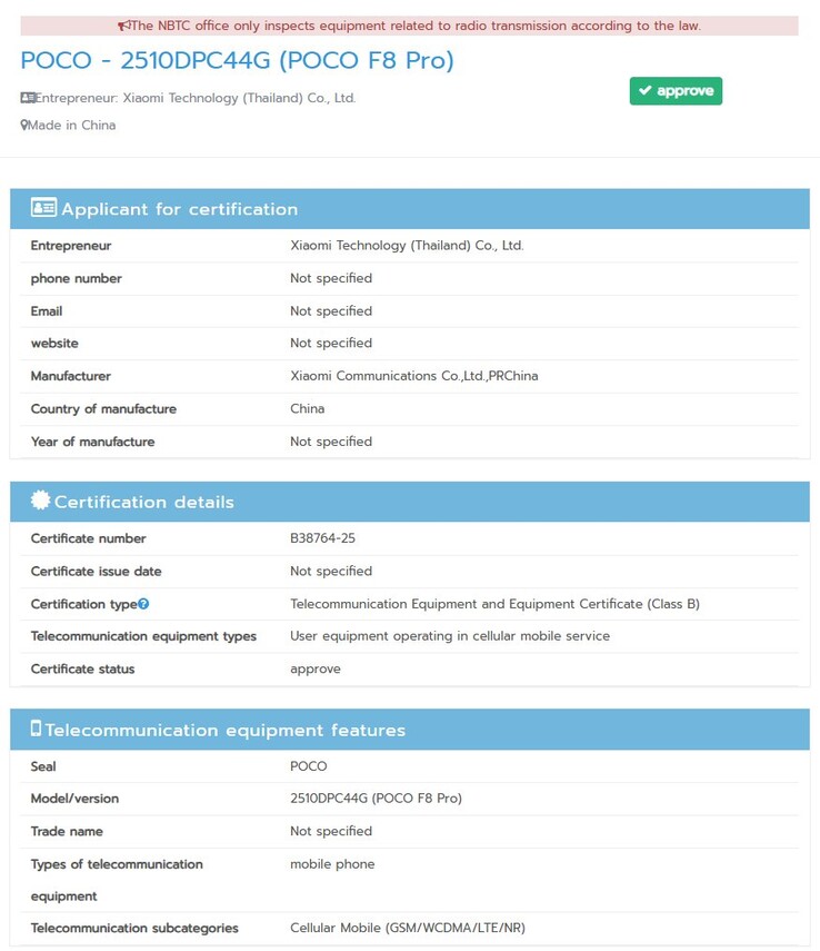 Il Poco F8 Pro riceve la certificazione NBTC in Thailandia. (Fonte: NBTC)