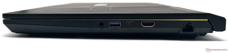 A destra: jack audio combo da 3,5 mm, USB 3.2 Gen1 Type-A, USB 3.2 Gen1 Type-C, uscita HDMI, Gigabit Ethernet