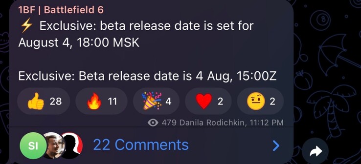 Fuga di notizie sull'orario di inizio dell'open beta di Battlefield 6 (fonte immagine: subreddit GamingLeaksandRumours, canale Telegram 1BF)