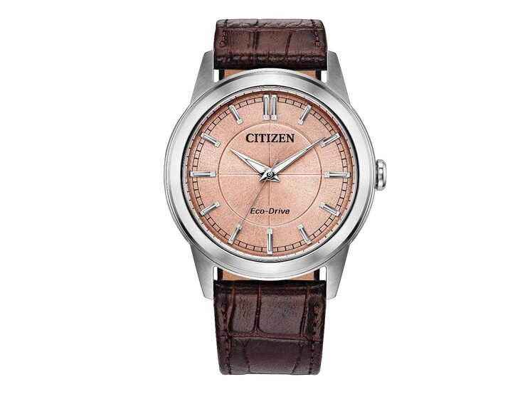 Il modello Citizen Rolan AW2110-14Z presenta un quadrante color salmone, una cassa in acciaio inossidabile e un cinturino in pelle marrone.