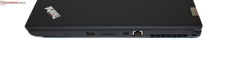 A destra: combo audio, USB 3.0 type A, lettore schede SD, USB 3.1 Gen 1 type C, RJ45-Ethernet, Kensington lock