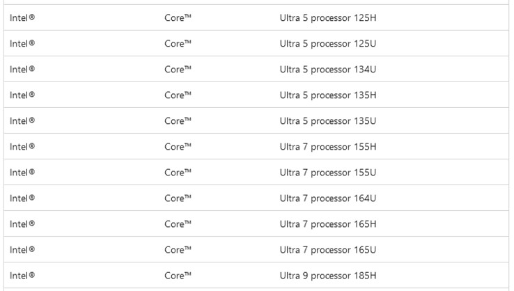 Schermata del documento di supporto Microsoft con le CPU Core Ultra (Immagine: @momo_us)