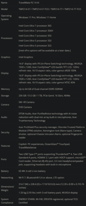 Specifiche di TravelMate P2 14 AI