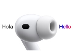 Rappresentazione artistica di AirPods Pro 3 che traduce lo spagnolo in inglese. (Fonte immagine: Apple)