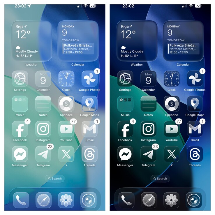 modalità Clear Light vs Clear Dark di iOS 26. (Fonte: Ben Geskin su X)