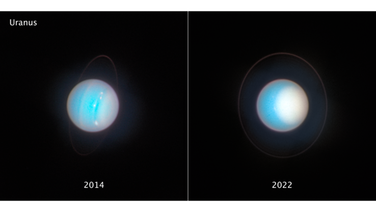Immagini affiancate di Urano scattate a otto anni di distanza l'una dall'altra con il Telescopio Spaziale Hubble (Fonte: NASA, ESA, STScI, e altri)