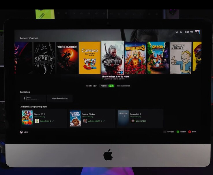 SteamOS in esecuzione su un iMac 2019 che mostra un'interfaccia della libreria di giochi con titoli come The Witcher 3, Cuphead, Fallout 4 e Skyrim. (Fonte immagine: ETA PRIME su YouTube)