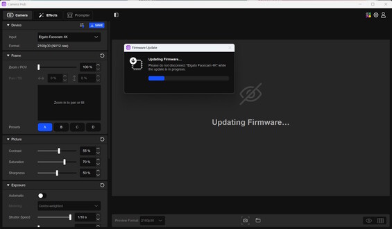 Elgato Camera Hub: Aggiornamento, Impostazioni e preset a sinistra 