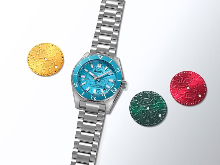 Seiko Prospex 1965 Heritage Diver con quadrante blu brillante a motivo ondulato e lunetta abbinata, circondato da quattro modelli di quadrante colorati che rappresentano le opzioni votate dai fan.
