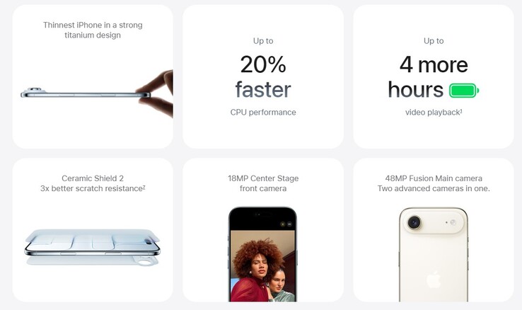 La durata della batteria e le caratteristiche della fotocamera del nuovo iPhone Air. (Fonte: Apple)
