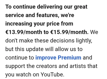 E-mail relativa all’aumento del prezzo del piano individuale di YouTube Premium