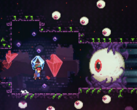 Lo screebshot dell'accordo Celeste Steam mostra un personaggio che combatte contro un bulbo oculare gigante