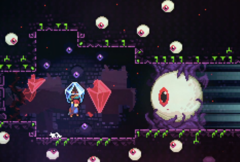 Lo screebshot dell&#039;accordo Celeste Steam mostra un personaggio che combatte contro un bulbo oculare gigante