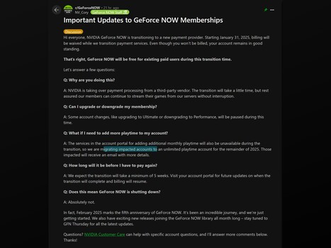 Post di aggiornamento di Nvidia GeForce Now Reddit (Fonte: GeForce Now Reddit)
