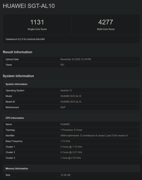 Debutto del Kirin 9030 su Geekbench (fonte: Geekbench)