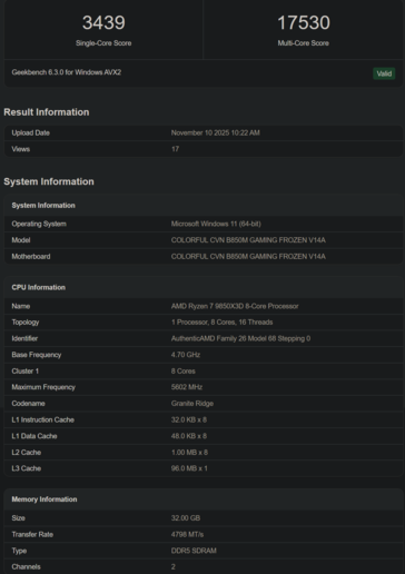 Ryzen 7 9850X3D Geekbench listing 2 (fonte: Geekbench)