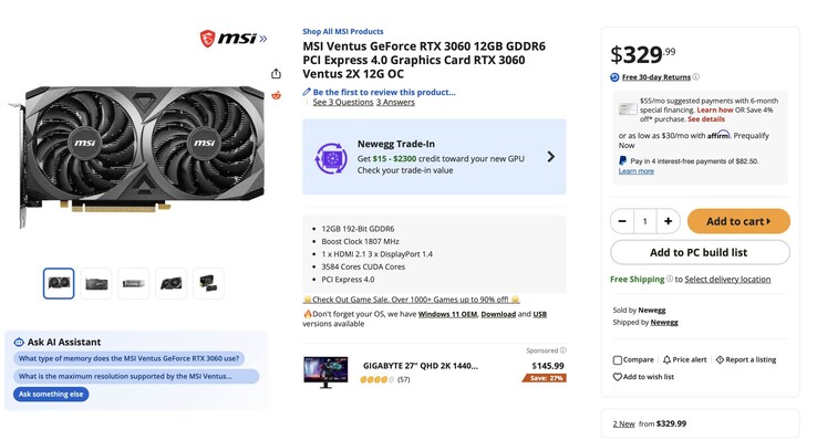 L'immagine mostra la nuova scheda tecnica della RTX 3060, in particolare la MSI Ventus RTX 3060 con 12 GB di RAM, al prezzo di 329 dollari.