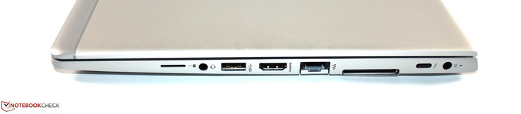 Destra: slot SIM, jack audio combo, USB 3.0 Type-A, HDMI, RJ45 ethernet, porta docking, Thunderbolt 3, alimentazione