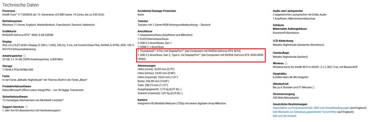 Perché la Thunderbolt 4 viene data solo alle SKU con RTX 4070 in poi (fonte: screenshot sito web Dell)?