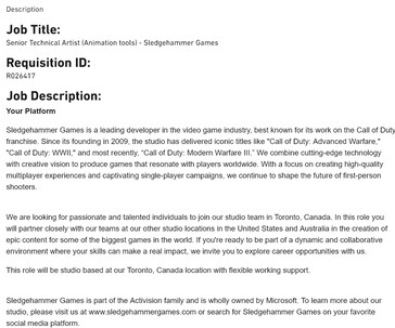 Annuncio di lavoro per Call of Duty di Sledgehammer Games (fonte: screenshot, Activision Careers)