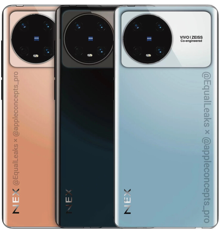 Il potenziale "Vivo NEX 5" viene mostrato davanti e dietro in nuovi rendering. (Fonte: EqualLeaks x AppleConceptsPro)