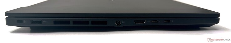 A sinistra: slot Kensington lock, USB 3.2 Gen2 Type-A, DC-in, uscita HDMI 2.1, 2x Thunderbolt 4