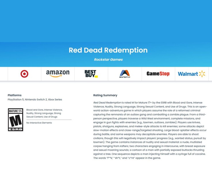 La pagina di valutazione ESRB per Red Dead Redemption mostra la sua etichetta Mature 17+, le piattaforme elencate e un riepilogo dettagliato dei contenuti (fonte: ESRB)