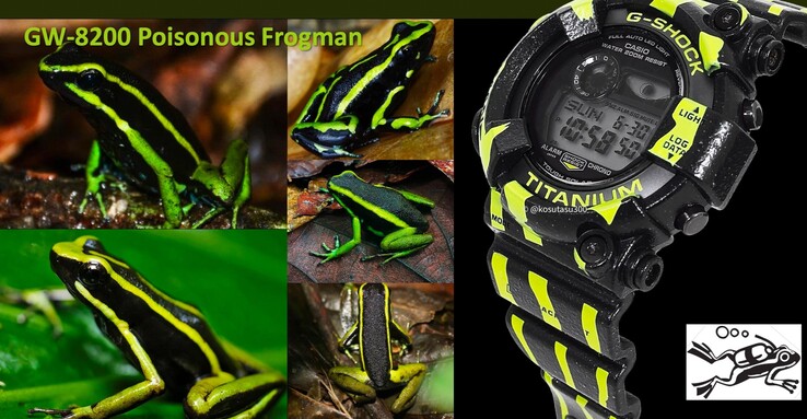 Una possibile foto trapelata dell'orologio Casio Frogman GW-8200TPF Poison Dart Frog (a sinistra). (Fonte immagine: Kosutasu300 via Instagram)