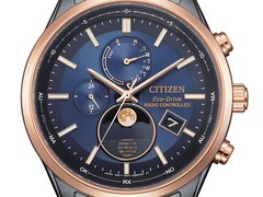 Primo piano dell’orologio Citizen BY1036-53L Eco-Drive con fasi lunari, dotato di quadrante blu, lunetta color oro rosa, cassa in acciaio inossidabile nero e indicatore analogico delle fasi lunari a ore 6